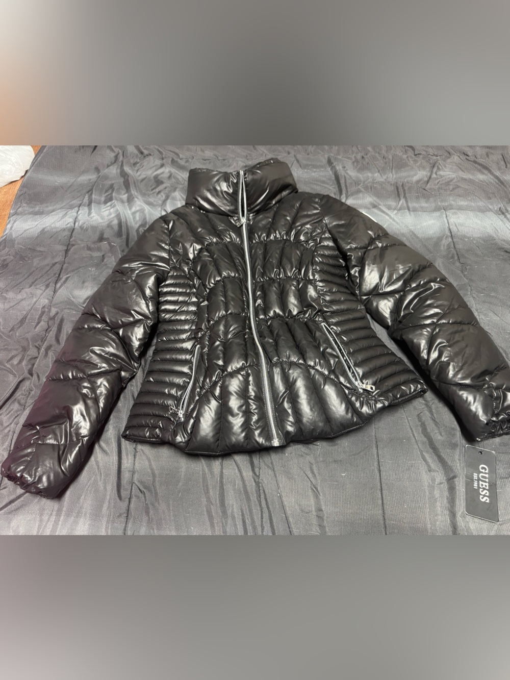 GUESS Shiny Black Quilted Puffer Jacket with Silver Zippers